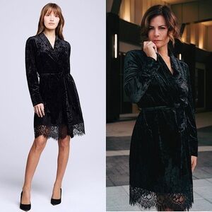 NWT L’AGENCE Velvet Shawl Collar Long Sleeve Lace Trim Hem Wrap Mini Dress XS